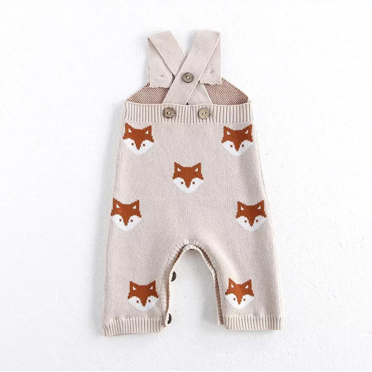 Back of fox knit baby overalls with criss-cross straps