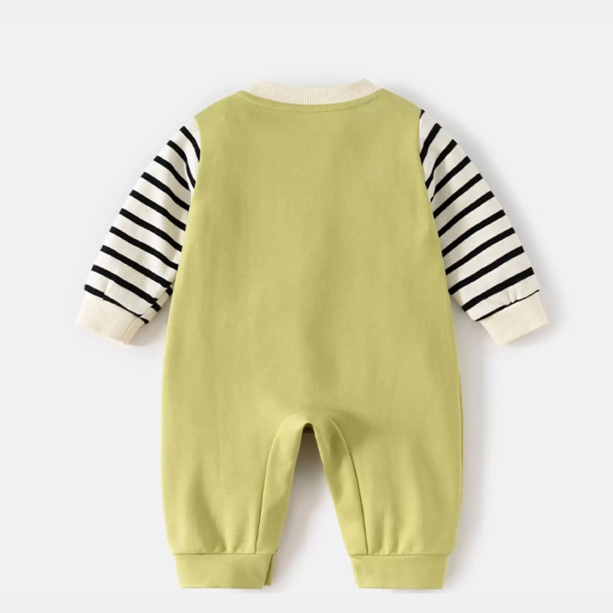 Back view of the lime and striped dinosaur baby romper