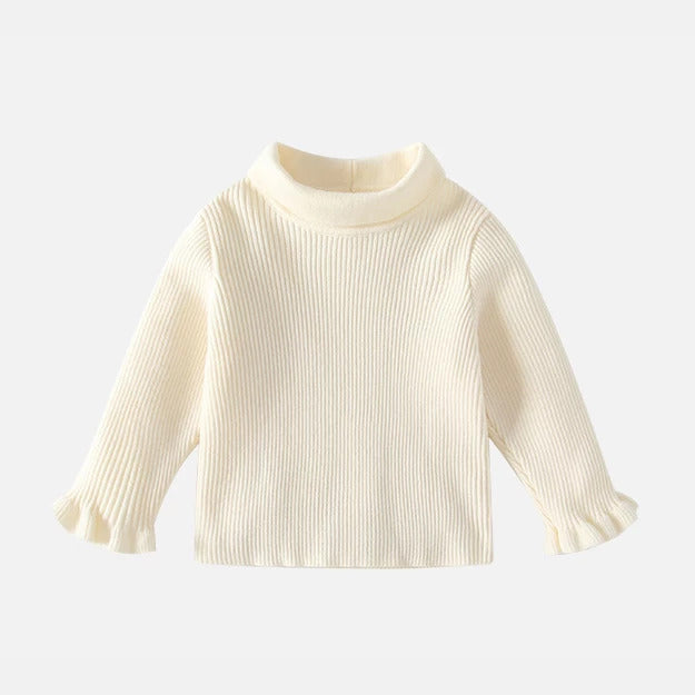 Cream ribbed mock-neck top with ruffle cuffs for girls