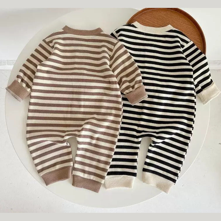 Back view of the mocha and ink striped baby rompers