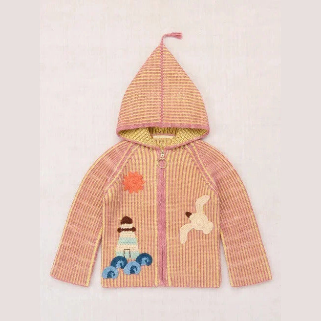 Rose ribbed knit zip-up hoodie cardigan with crochet sun and lighthouse, flat lay