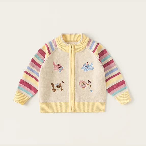 Butter yellow trimmed zip cardigan with rainbow sleeves and embroidered friends