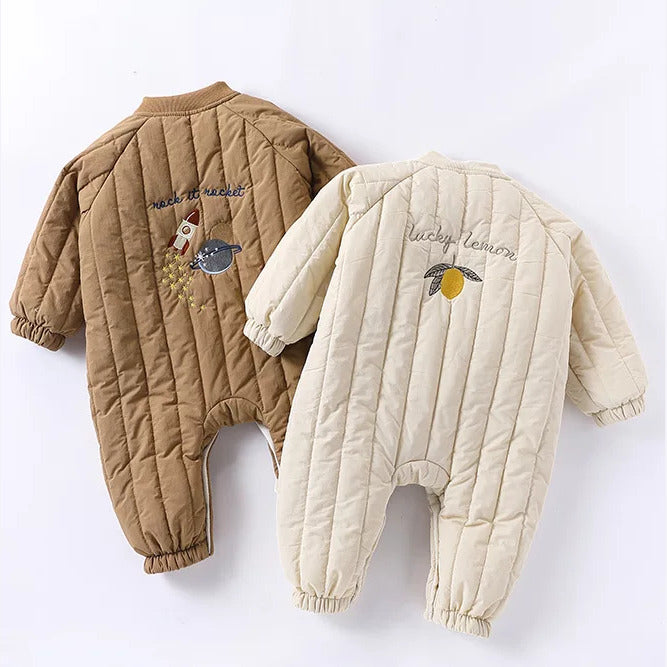 Back embroidery on rocket latte and lemon cream quilted rompers
