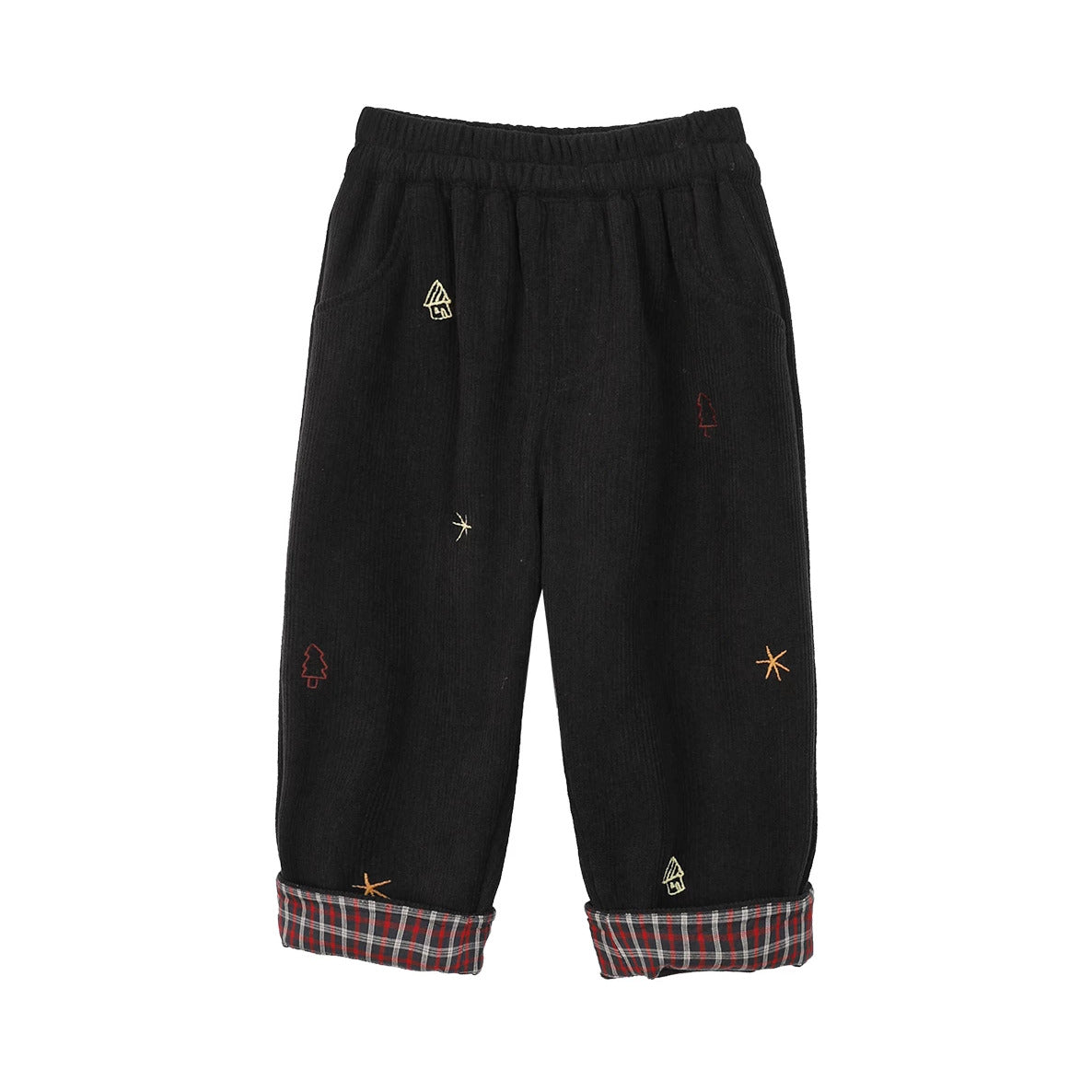 Black corduroy toddler trousers with red plaid turn-up cuffs, flat lay