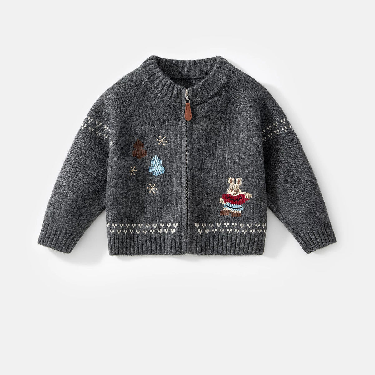 Charcoal zip-up knit cardigan with bunny and snowflake motifs