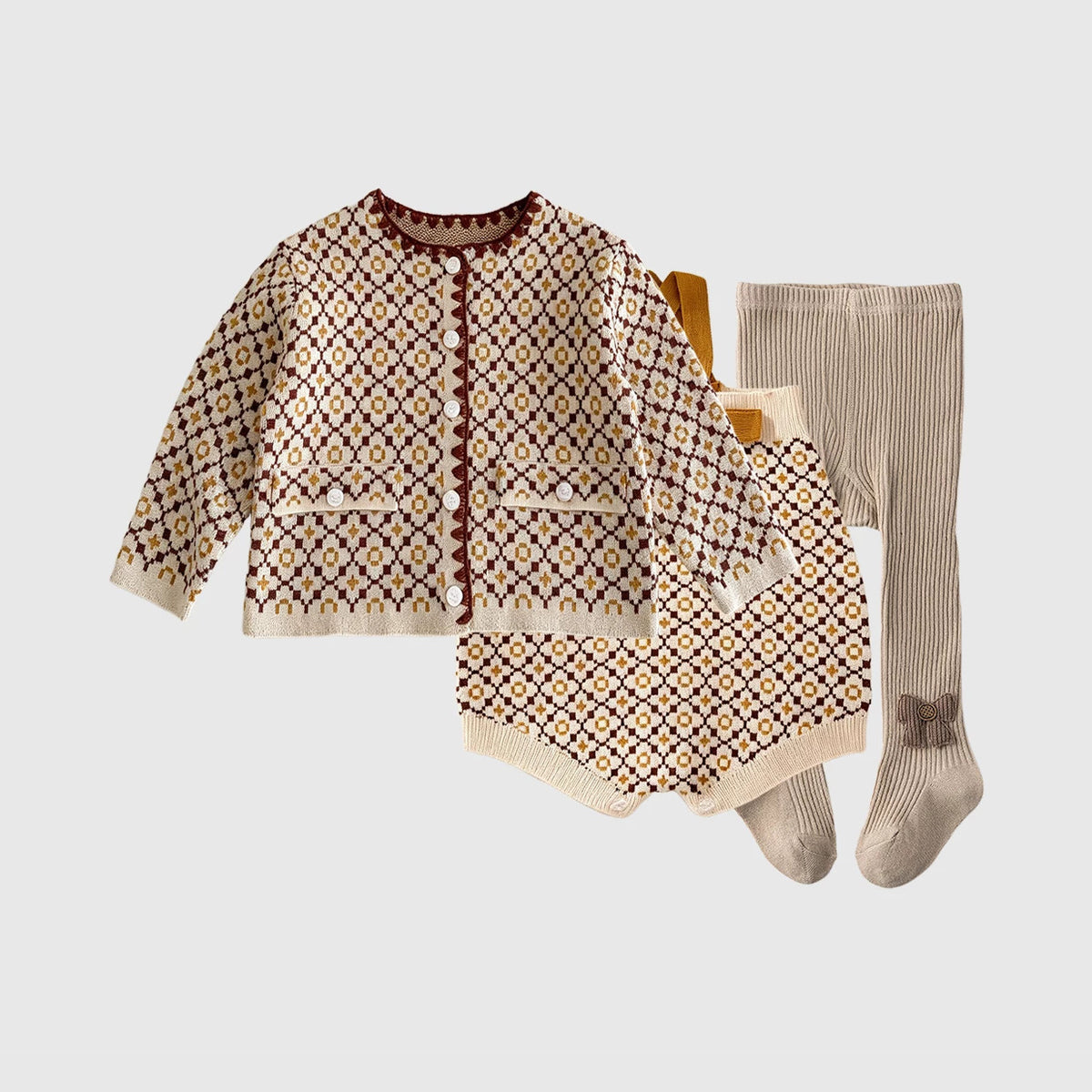 Knit cardigan and romper set with ribbed tights, flat lay