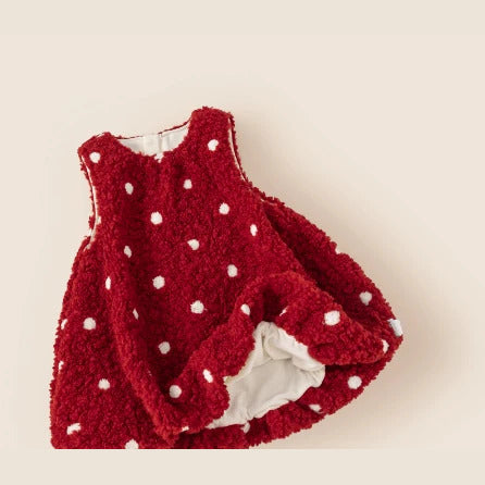 Red polka dot fleece dress showing the soft cream lining at the hem