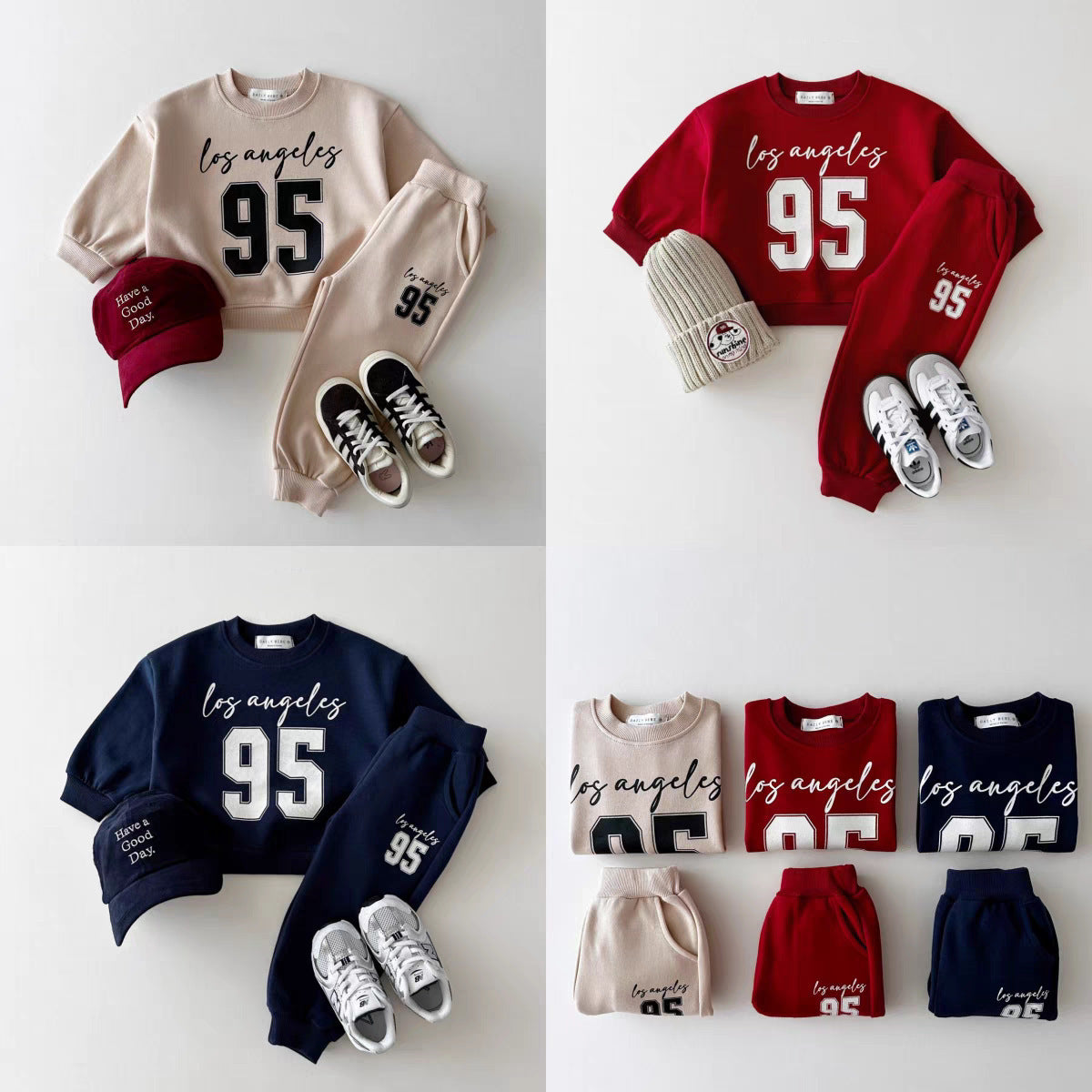 Collage of beige, red and navy varsity 95 sweatshirt and jogger sets