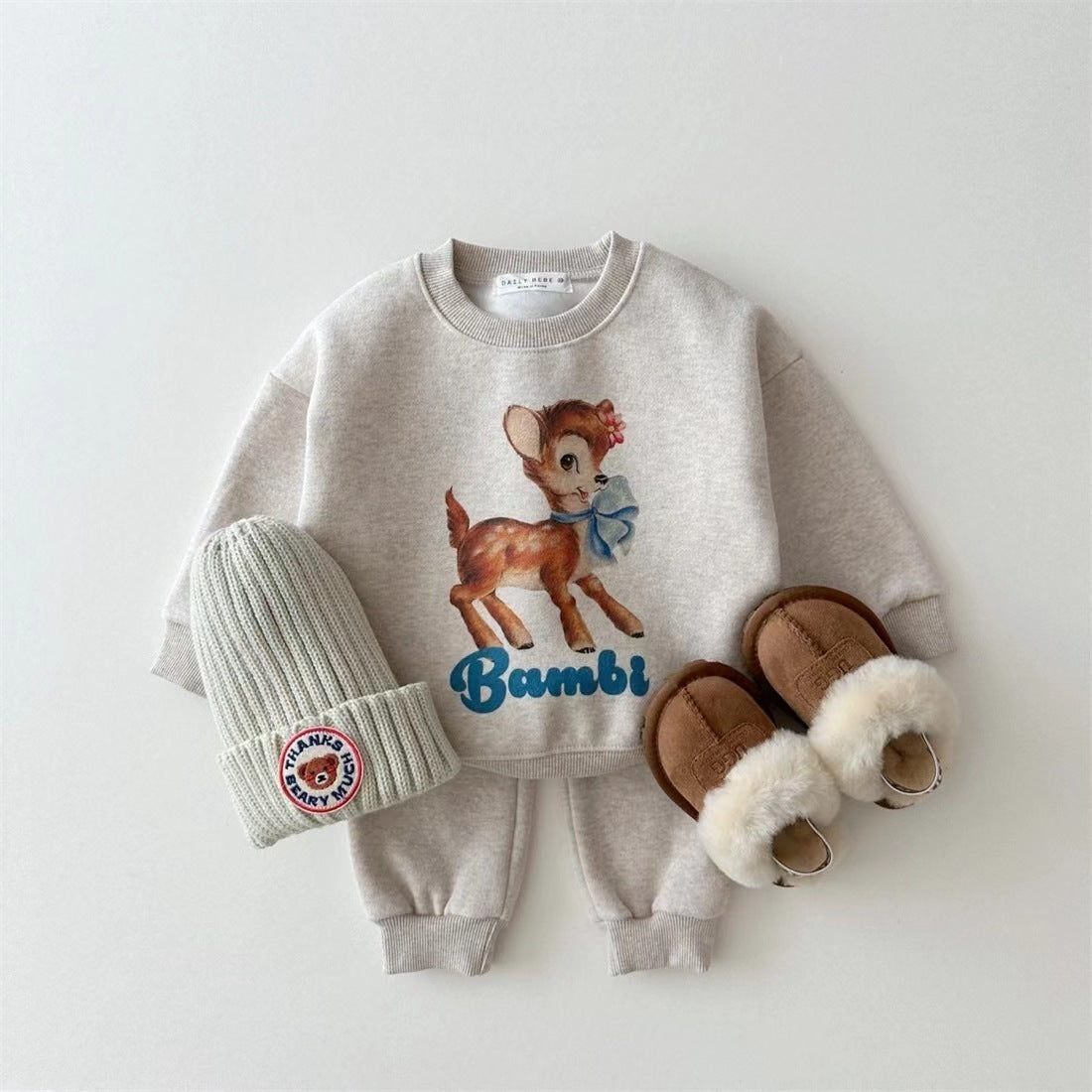 Gray sweatshirt and pants set with vintage deer print, beanie and slippers