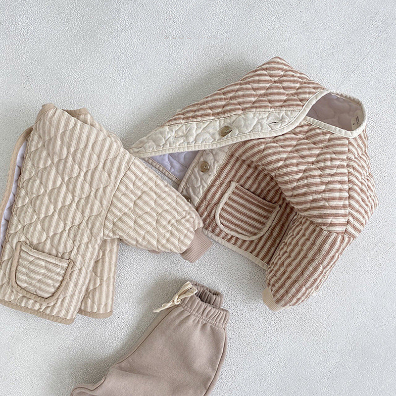 Beige quilted baby coat with striped trim and matching hat