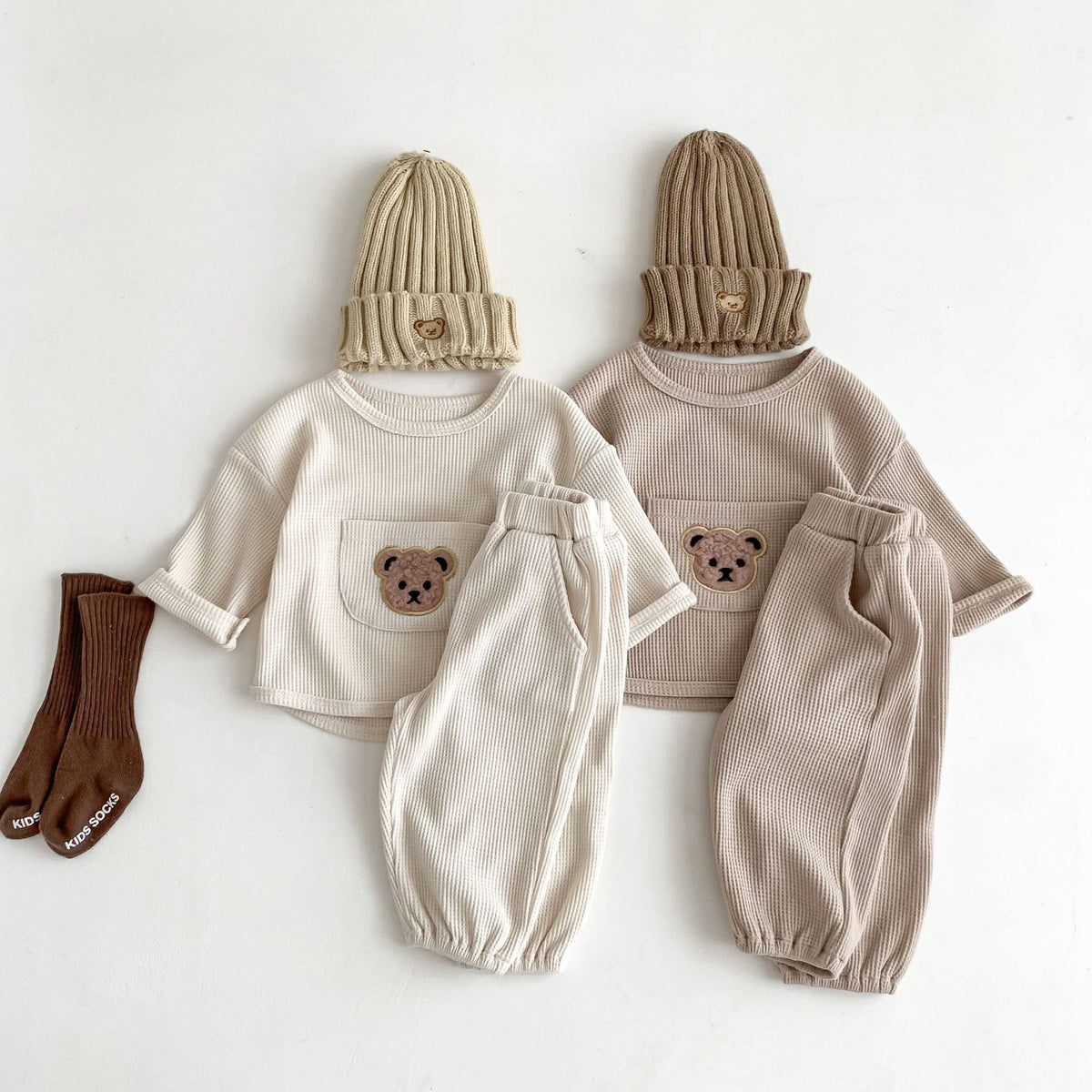 Cream and taupe waffle bear sets with beanies and socks