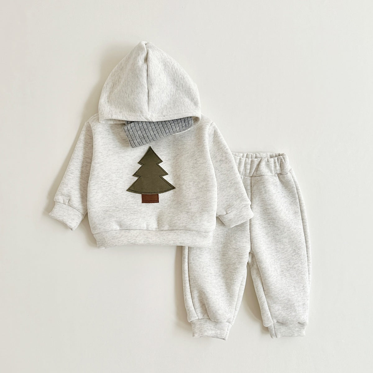 Light gray hooded sweatshirt set with green Christmas tree