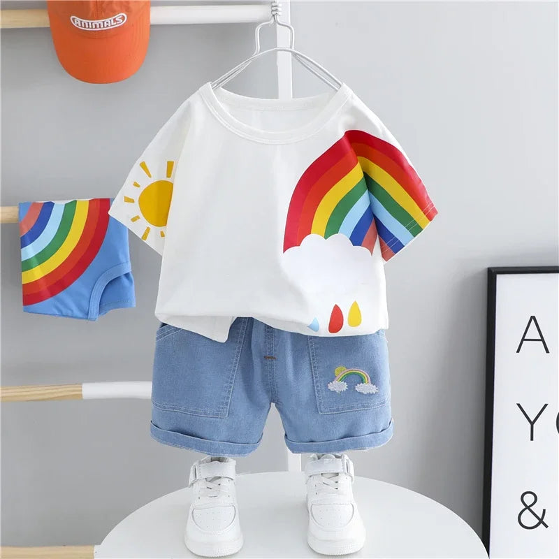 White rainbow tee and denim shorts set