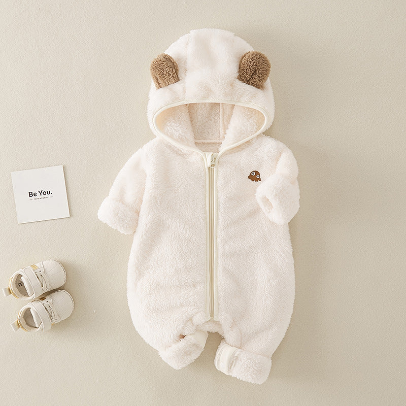 White plush teddy bear hooded baby romper with zip