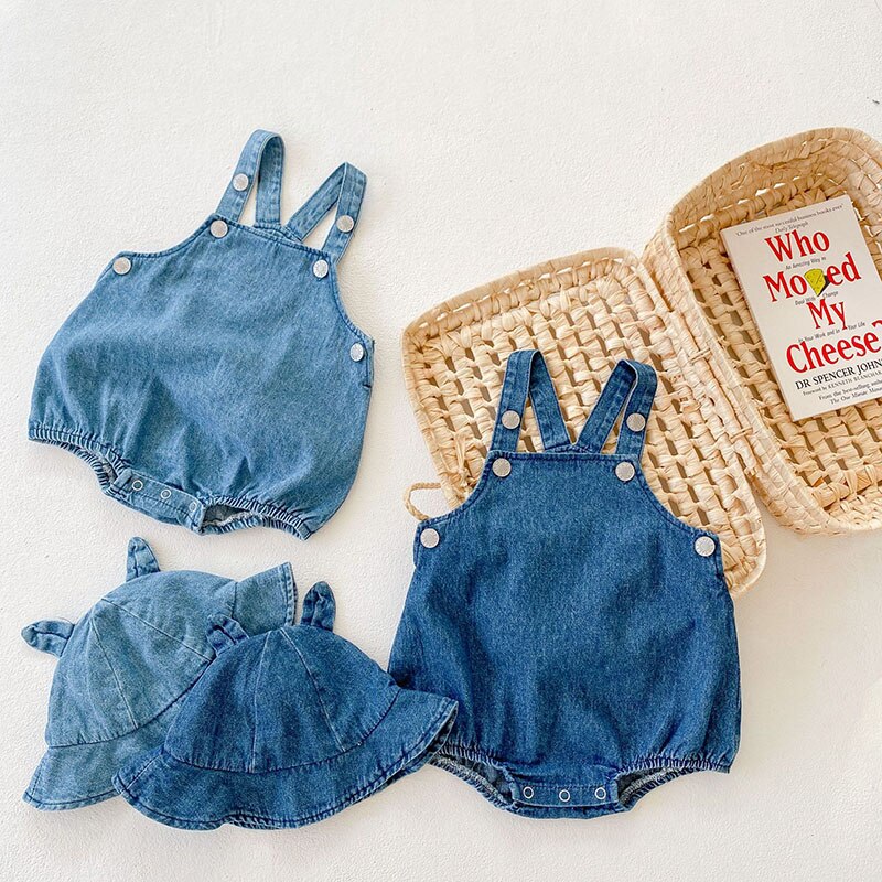 Denim Suspender Romper With Hat