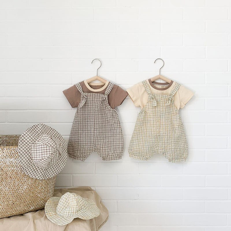 Gingham Baby Romper Set with T-Shirt and Hat