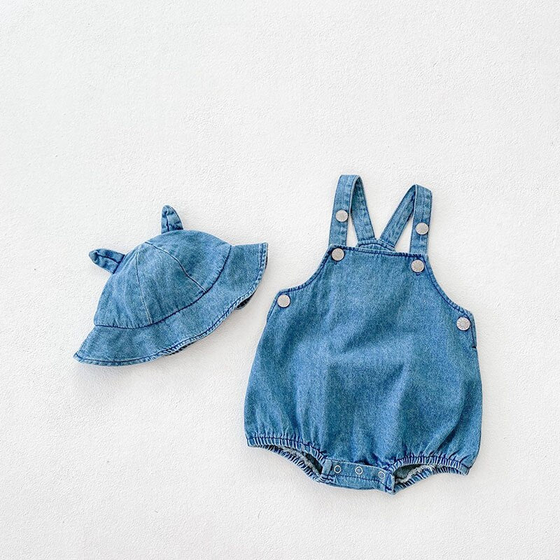 Denim Suspender Romper With Hat