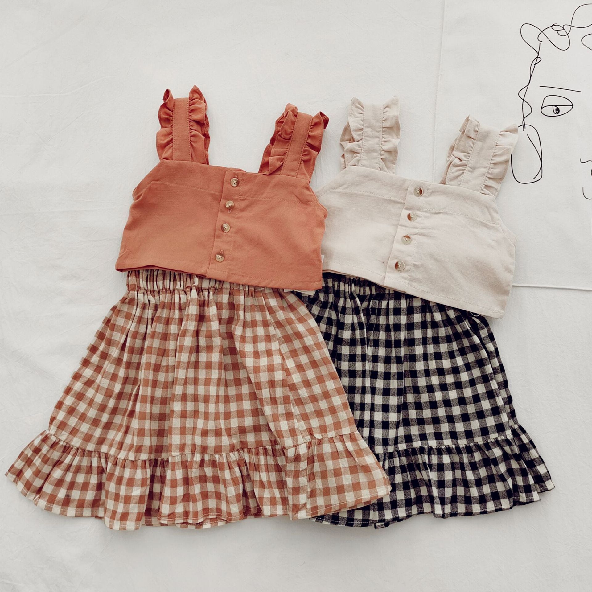 Ruffled Buttoned Crop Top & Plaid Skirt Set