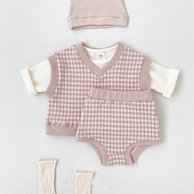 Plaid Knitted Waistcoat & Shorts Set