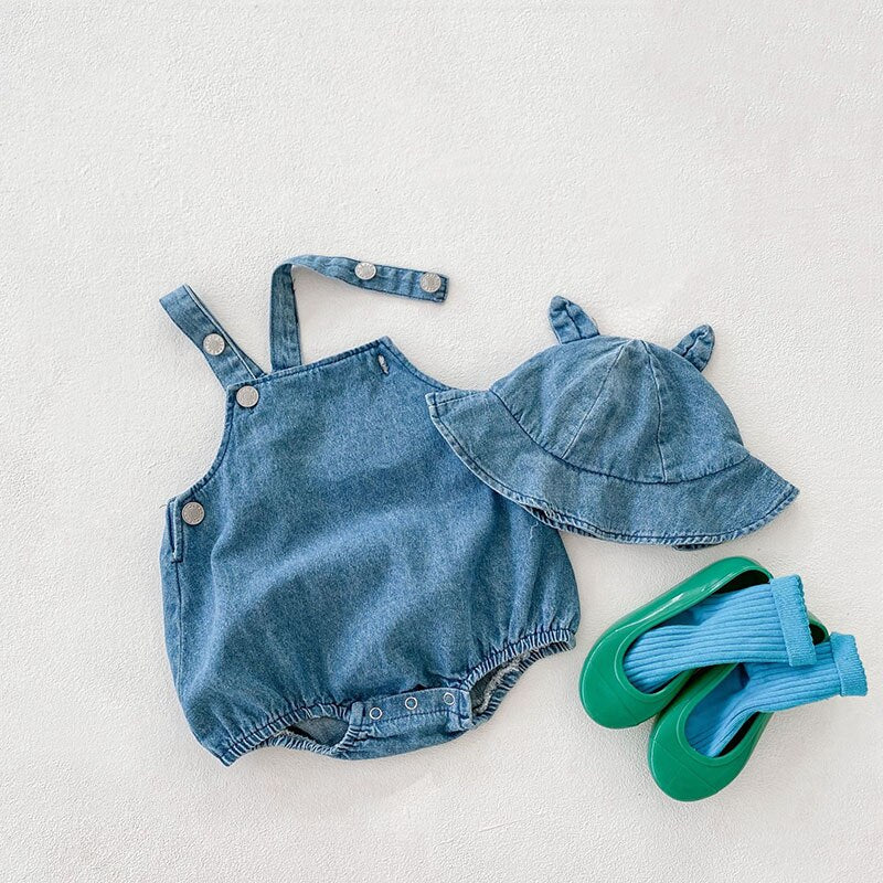 Denim Suspender Romper With Hat