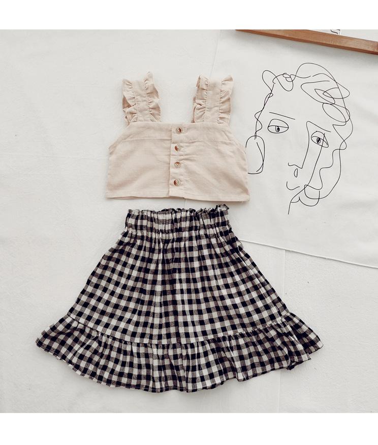 Ruffled Buttoned Crop Top & Plaid Skirt Set