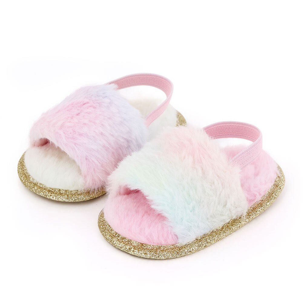 Faux Fur Slippers With Elastic Strap