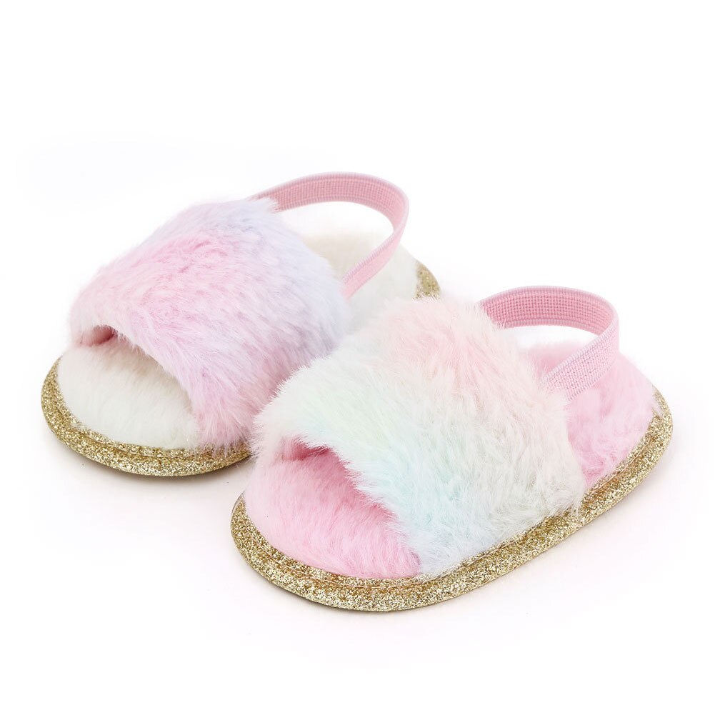 Faux Fur Slippers With Elastic Back Strap