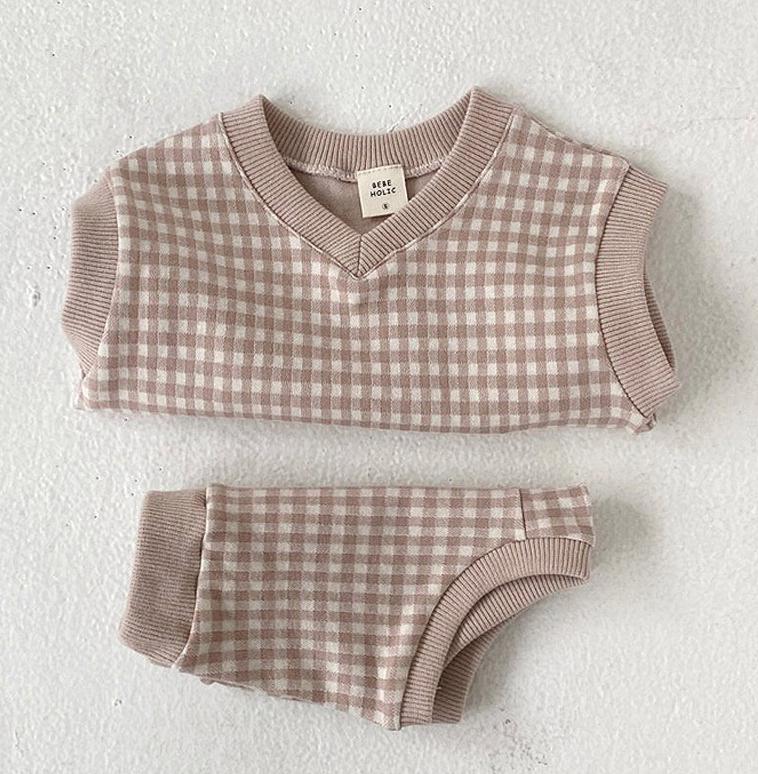 Plaid Knitted Waistcoat & Shorts Set