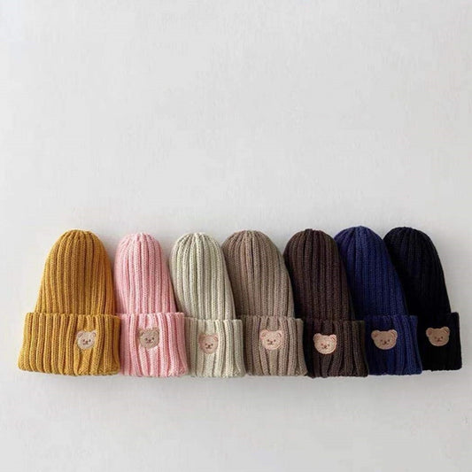 Solid Color Embroidered Bear Beanie Hat