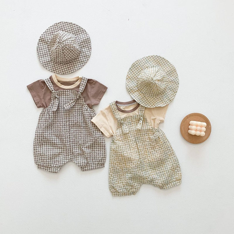 Gingham Baby Romper Set with T-Shirt and Hat