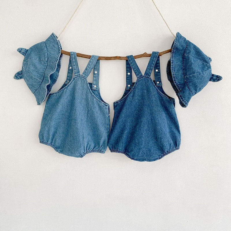 Denim Suspender Romper With Hat