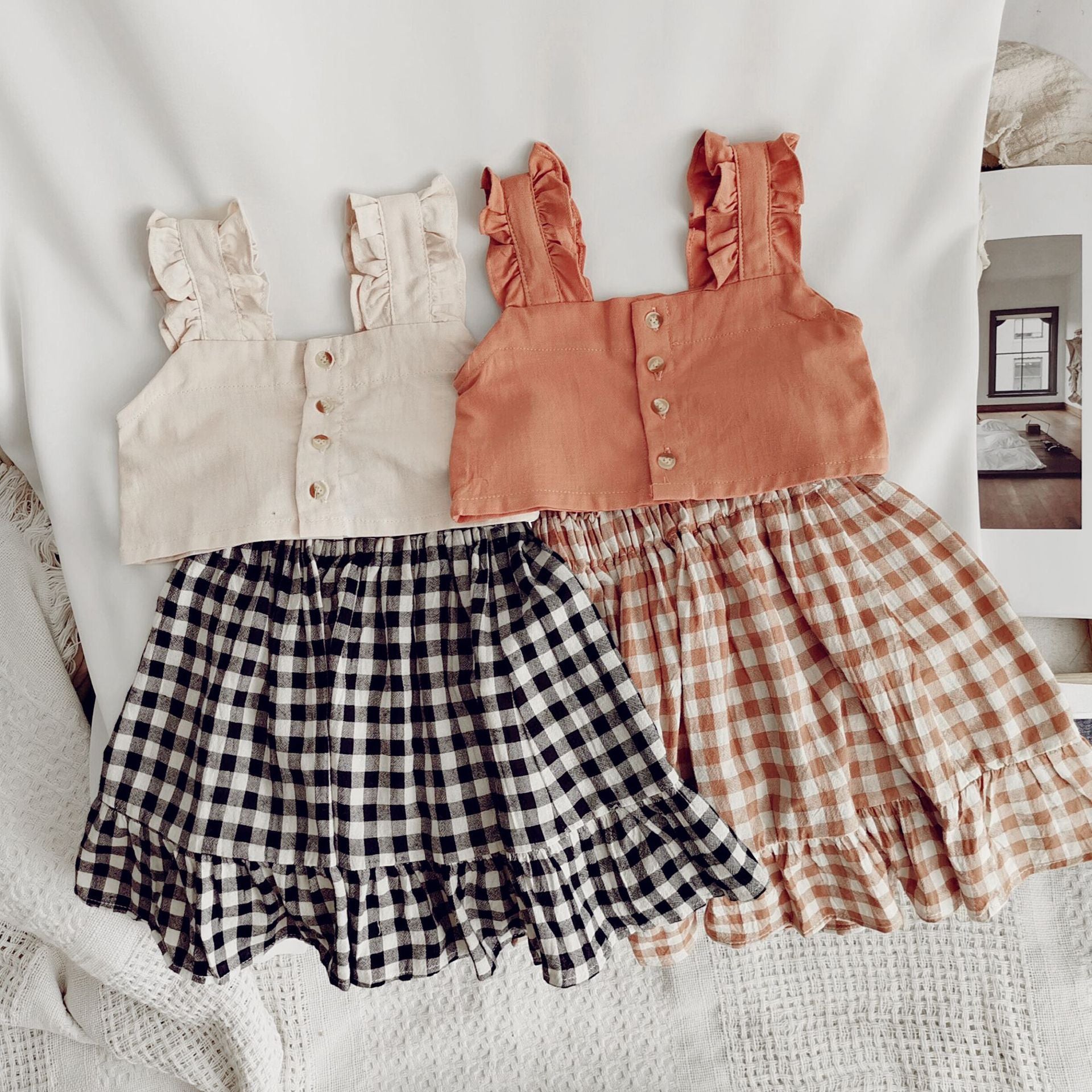 Ruffled Buttoned Crop Top & Plaid Skirt Set