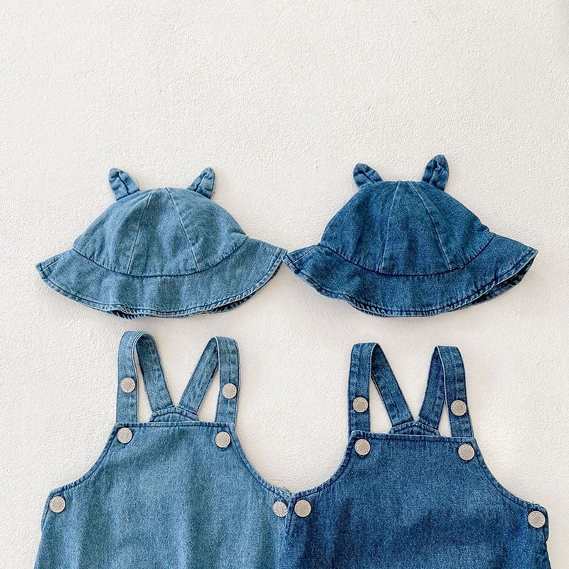 Denim Suspender Romper With Hat