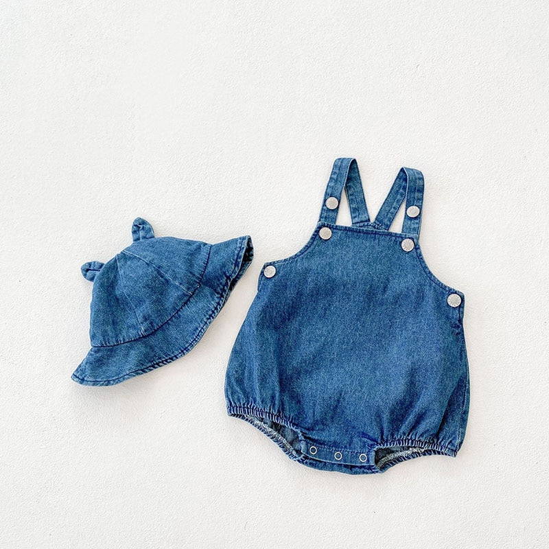 Denim Suspender Romper With Hat