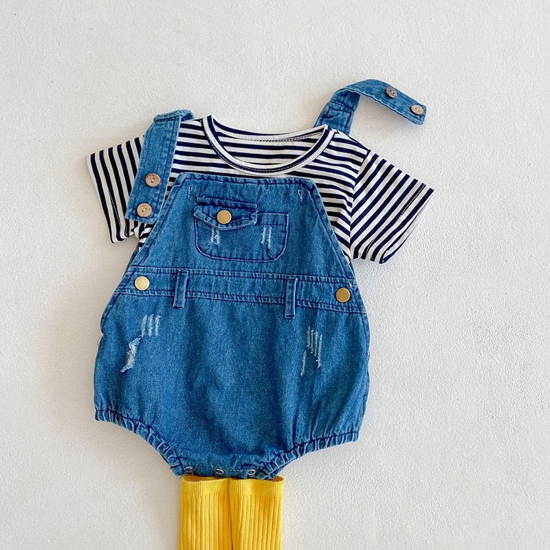 Denim Jumpsuit With Stripped Top