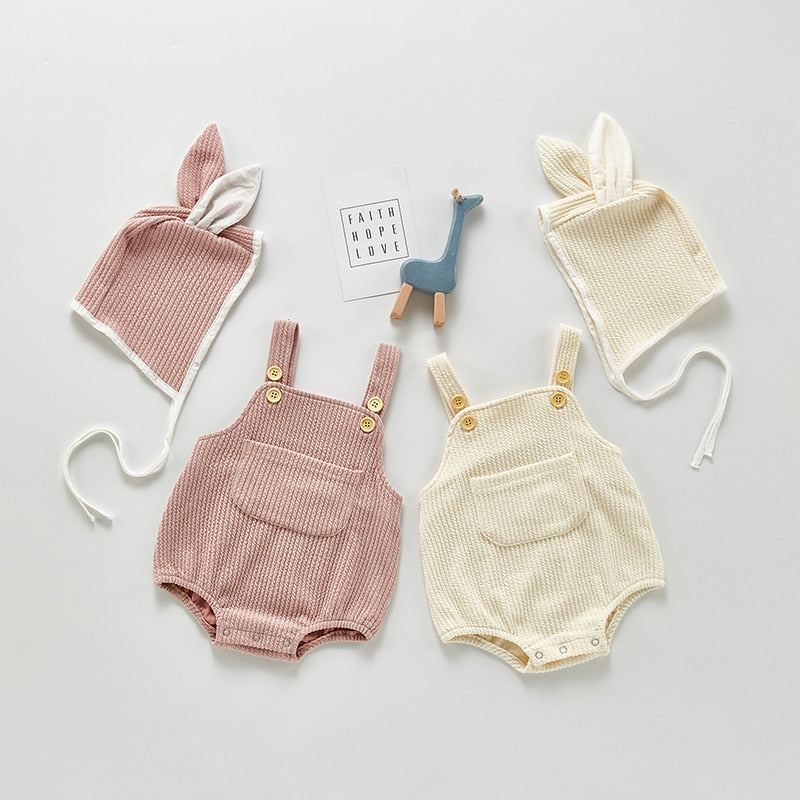 Front Pocket Romper With Bunny Hat
