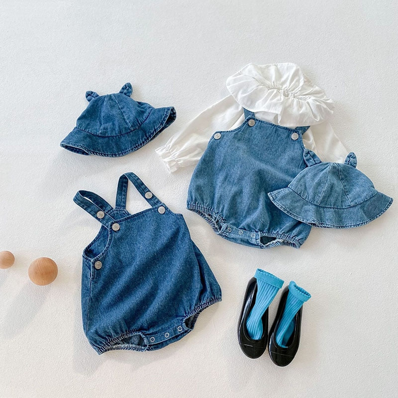 Denim Suspender Romper With Hat