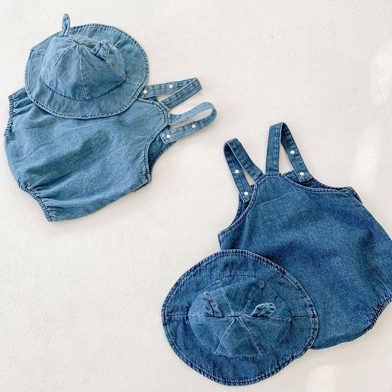 Denim Suspender Romper With Hat