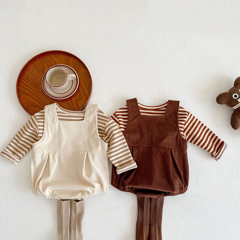 Stripped Blouse & Bear Corduroy Bodysuit Set