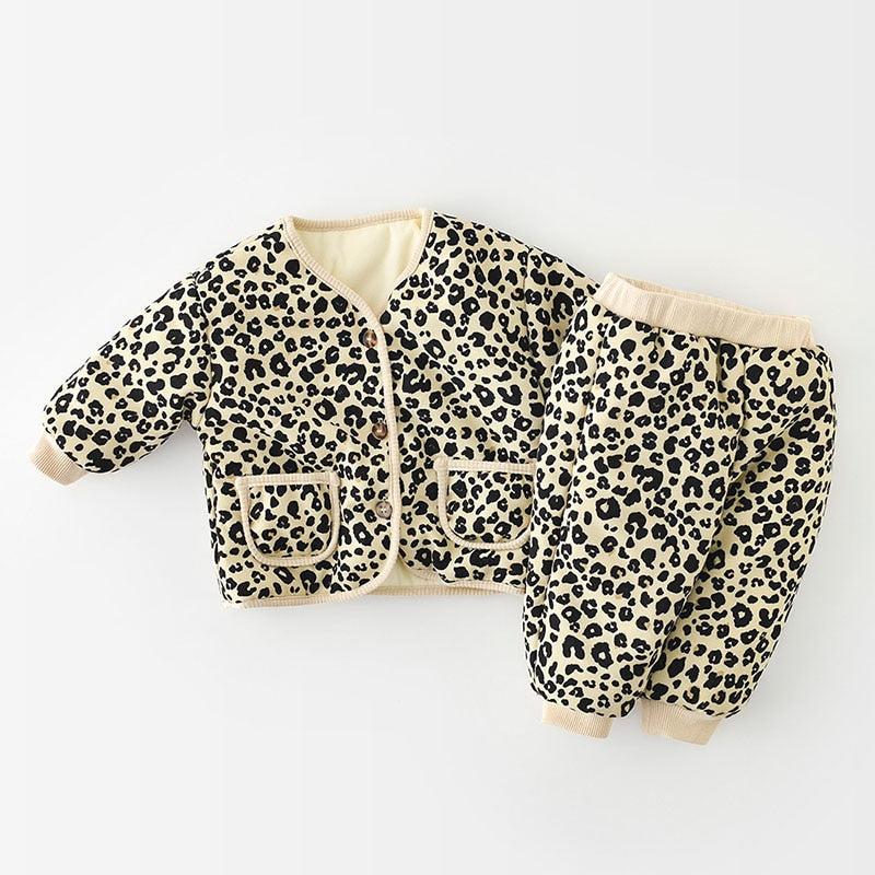 Leopard/Floral Fur Lining Jacket & Pants Set