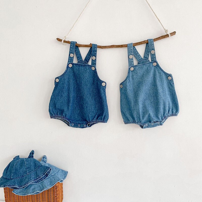 Denim Suspender Romper With Hat