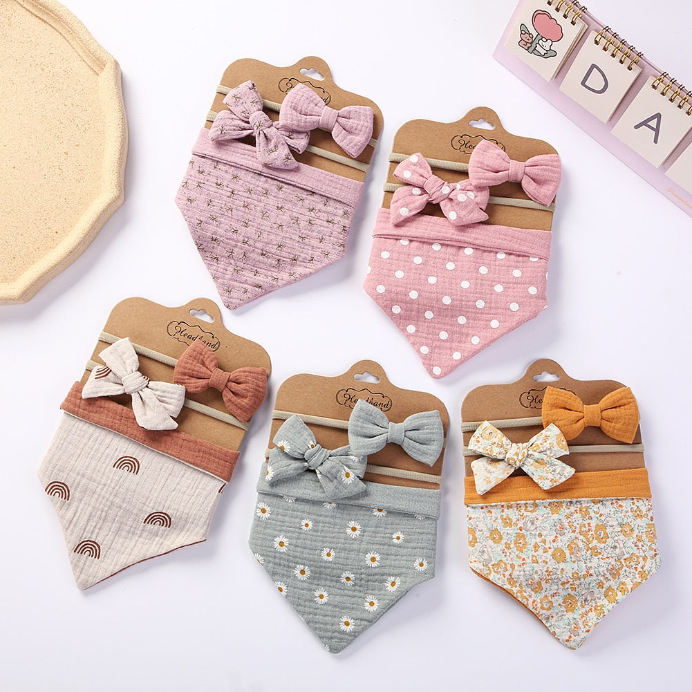 3Pcs/Set Muslin Cotton Triangle Bib & Bow Headband