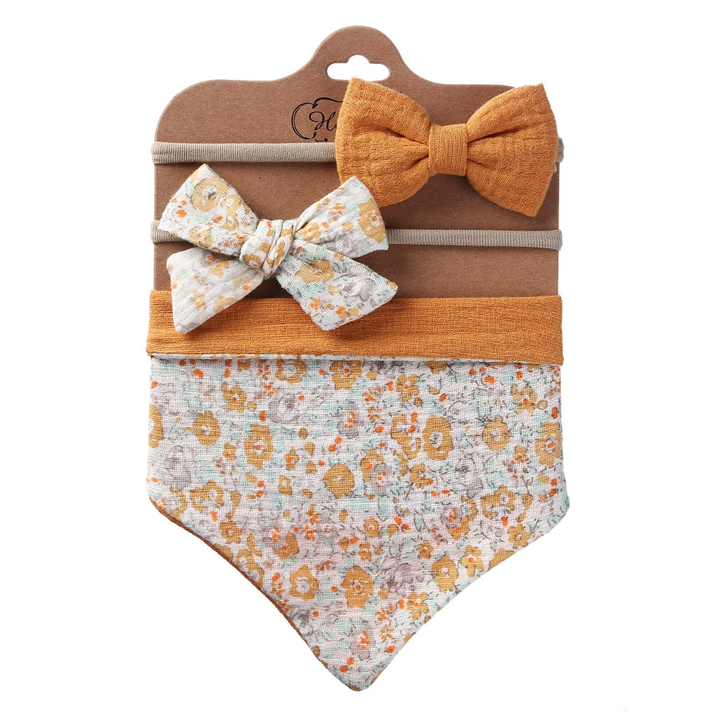 3Pcs/Set Muslin Cotton Triangle Bib & Bow Headband