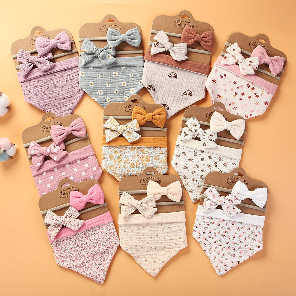 3Pcs/Set Muslin Cotton Triangle Bib & Bow Headband