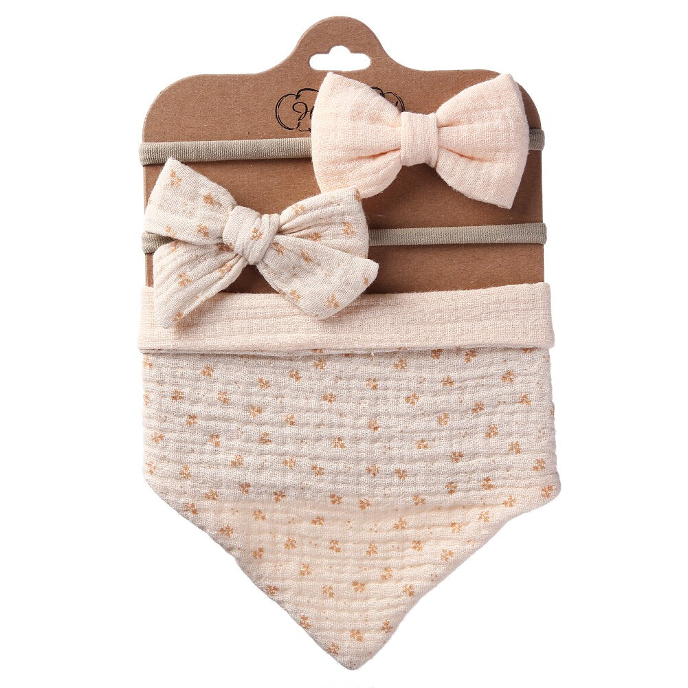 3Pcs/Set Muslin Cotton Triangle Bib & Bow Headband