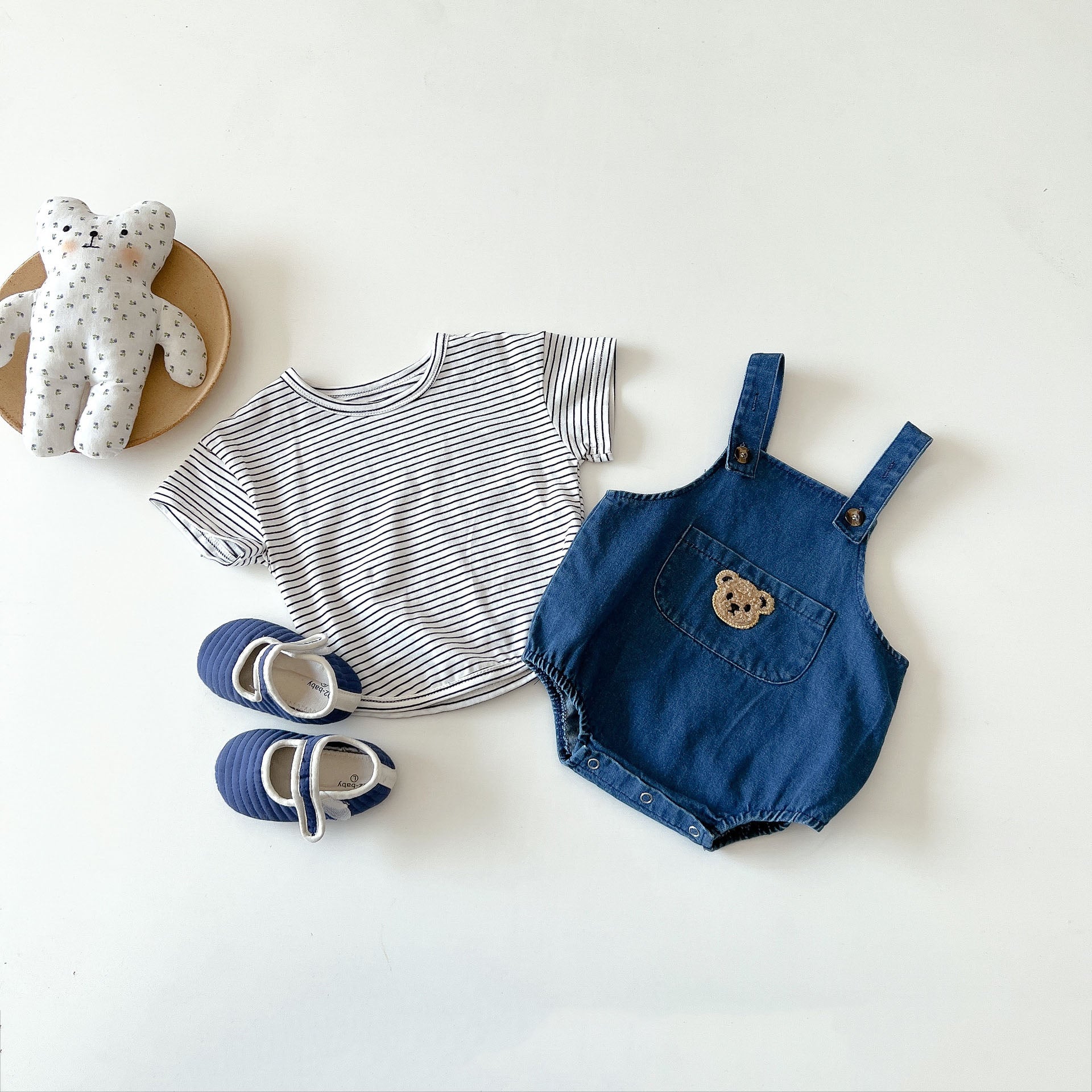 Denim Bear Romper & Striped T-Shirt Set