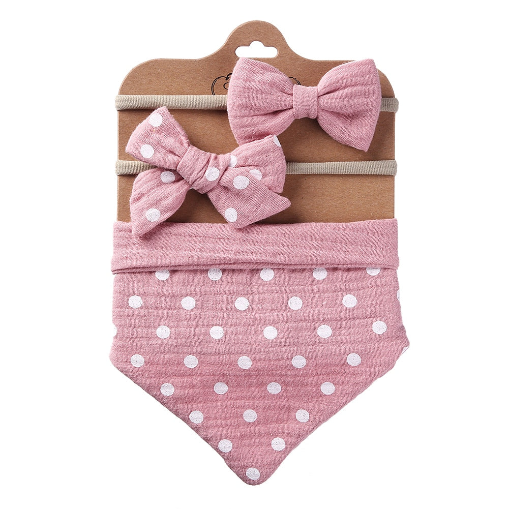 3Pcs/Set Muslin Cotton Triangle Bib & Bow Headband