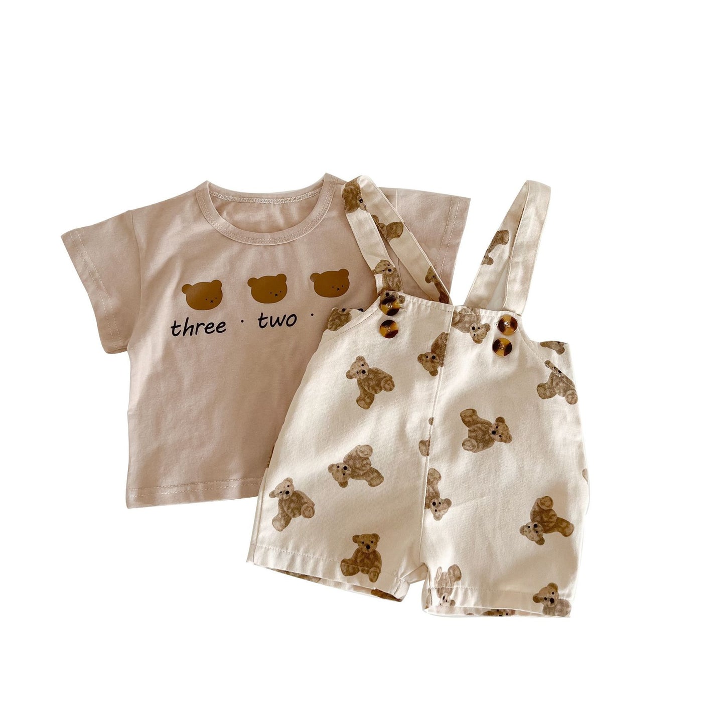 Bear/Dot Print Short Sleeve Overall & T-Shirt Set