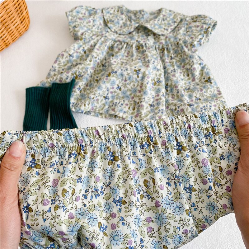 Floral Short Sleeve Blouse And Tutu Shorts