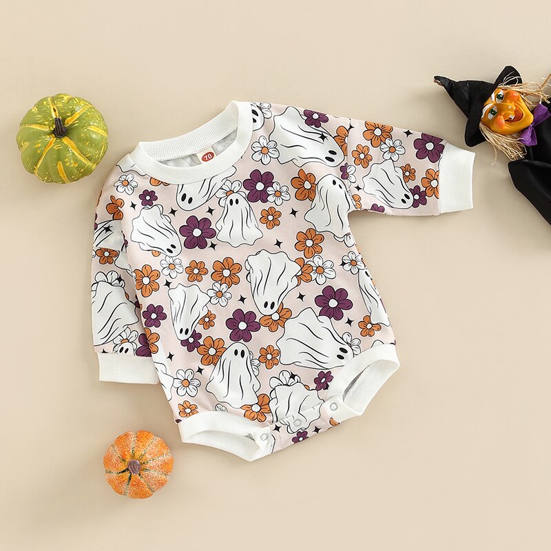 Flowers/Pumpkin/Ghost Printed Sweatshirt Romper